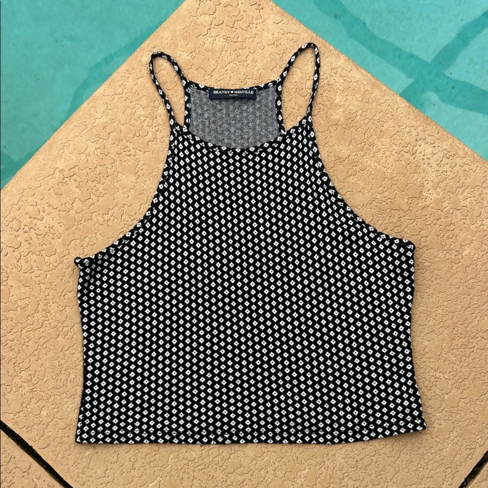 Brandy Melville Black & White Geo Print High Neck Wide Racerback Tank